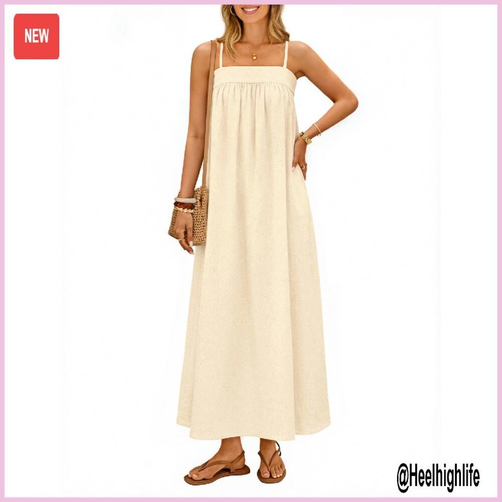 Linen Maxi Dress Spaghetti Straps Side Pockets Boho Summer Casual